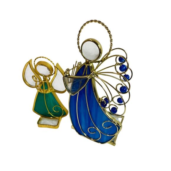 Vintage Tabletop Stained Glass Angels Goldtone Blue Green - Picture 3 of 7